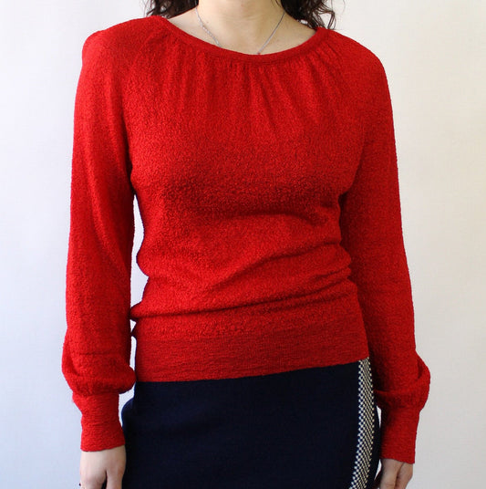 80s Hot Red Textured Long Sleeve Top