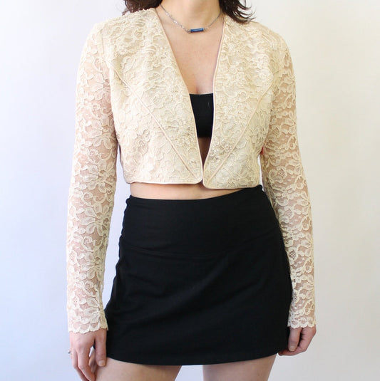 90s Cropped Ivory Lace Jacket With Mini Pearls